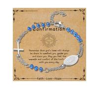 Flongo - Pulsera para mujer, perlas católicas, acero inoxidable, con cruz y medalla virgen maría, cuentas de diamantes de imitación, con tarjeta de primera comunión, regalo de primera comunión, 18-22