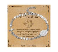 Flongo - Pulsera para mujer, perlas católicas, acero inoxidable, con cruz y medalla virgen maría, cuentas de diamantes de imitación, con tarjeta de primera comunión, regalo de primera comunión