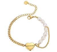 Flongo Pulsera perla Corazón Cuba: Pulsera Cubana de Acero Inoxidable Empalmada con Corazón Brillante de Perla Natural Ajustable - Regalo para Día de la Madre San Valentín Oro