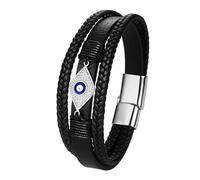 Flongo Pulsera Punk Cuero Hombre: Pulsera Ojo de Diablo Tejida en Piel Negra con Pedrería - Tres Filas de Regalos Tejidos a Mano Plata