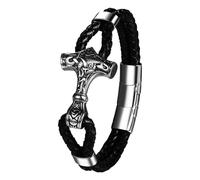 Flongo Pulsera Thor Martillo Vikingo: Amuleto Vikingo Noruego Nórdico Pirata Pulsera Muñeca - Tejido Pu Capas Acero Pesado Fundido Patrones 3d Joyería Vikinga Noruega - Cierre Magnético Ajustable
