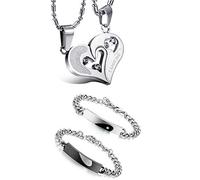 Flongo - Pulseras ideal para enamorados - Para él y ella - Frase grabada en inglés «Keep me in your heart» - Material acero inoxidable - para parejas Pulsera + collar