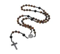 Flongo Rosario para hombre con medalla de San Benito - Cadena de oración marrón de obsidiana y bolas de ojo de tigre, símbolo de fe y protección, regalo para hombres, Obsidiana Metal, No aplicable