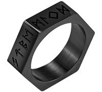 Flongo Vikingo Anillo Runa Hombre: Anillo Nórdico de Acero Inoxidable Hexagonal Geométrico - Anillo de Ciclismo Estilo Vikingo con Amuleto Nórdico Talla 30 Negro