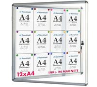 Floodirekt Vitrina de pared 12 x DIN A4 con marco de aluminio y cristal acrílico, incluye imanes, caja de información, caja colgante magnética, pared posterior para escribir