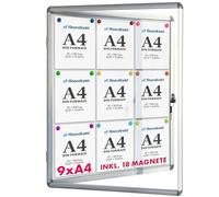 Floodirekt Vitrina de pared 9 x DIN A4 con marco de aluminio y cristal acrílico, incluye imanes, caja de información, caja colgante magnética y pared posterior para escribir