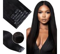 Flooyeer Extensiones de pelo con clip, 50 cm, 110 g, 7 piezas, color negro natural (#1B), recto, ultrafino, de poliuretano, sin costuras, extensiones de pelo humano real, extensiones de pelo humano