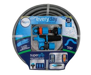 Flopro - Juego de mangueras de jardín Everyday de 12,5 mm, 15 m con conectores de tubo de manguera SUPERGRIP: 1 conector de grifo exterior, 1 conector de manguera, 1 conector de parada de agua, 1