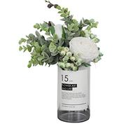 Flor artificial de rosa blanca artificial con jarrón de vidrio Flores de ramo flores falsas y flor de seda de hoja verde para decoración del hogar Centro de la oficina Decoración de la fiesta de