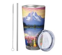 Flor con tapa y vaso de pajita, paisaje de montaña, bosque, lavanda, nube, lago, naturaleza, atardecer, azul, rosa, metal inoxidable, caliente y frío, sin derrames, oficina, al aire libre, club