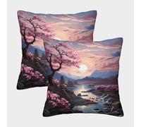 Flor de Cerezo Sunset Fundas De Almohada Paisaje Art Style Cojín Decorativo para Sofá Decoración Coche 50x50cm 2 Paquetes