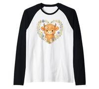 Flor de Ganado Kawaii Highland Cow Daisy Heart Camiseta Manga Raglan