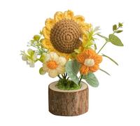 Flor de girasol de ganchillo hecha a mano en maceta de madera, mini punto para escritorio del hogar, tejido para profesores, mujeres, amantes, compañeros de clase (1 girasol) BAr204 (amarillo, 14 cm)
