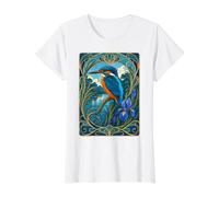Flor de Iris modernista Kingfisher Bird Camiseta gráfica económica, Mujer, Blanco, XS