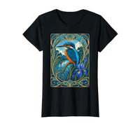 Flor de Iris modernista Kingfisher Bird Camiseta gráfica económica, Mujer, Negro, S