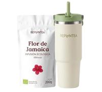 Flor de Jamaica Ecológica 200g + Vaso Térmico Tumbler 890ml REPLANTEA | Set para Infusiones Frías y Calientes con Pajita Antifugas