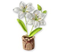 Flor de Lirio de Crochet para el Día de la Madre - 2 Flores Blancas con Hojas Verdes en Maceta Tejida - Regalo Artesanal y Decorativo