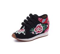 Flor de Mujer Bordada Zapatos de Plataforma Cómodas Zapatillas de Lona con Cuña Calzado de Forro Polar Cálido de Invierno (Color : Black with Plush, Size : 40 EU)