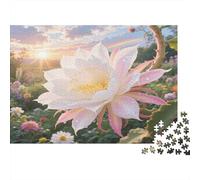 Flor de Reina Rompecabezas Premium de cartón de Flor Blanca Rosa con arcoíris y Prado, Divertido 38x26cm/1000 Piezas