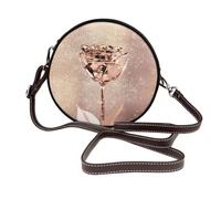 Flor de rosa rosa dorada con lentejuelas brillantes de cobre,Bolso de hombro de piel sintética, bolso cruzado redondo - Bolso circular para mujer