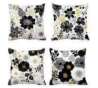 Flor Funda Almohada 60x60 Juego de 4 Cojines Sofa Negro, Lino Fundas Cojines Impermeable Exterior, Funda Cojin Doble Cara Estampado, Cremallera Invisible, para Balcones Patio Jardín Decorativas s-134