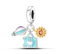 Flor, maleta y globo aerostático Charm de tres piezas, accesorio de pulsera de plata esterlina 925, collar de pulsera Pandora compatible con, regalo para mujeres