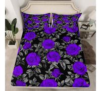 Flor Rosa Fitted Hoja Tamaño M,Púrpura Flores Estilo Romántico Colchones Cubierta con 1 Funda de Almohada,Hojas Negras Planta Botánica Profundidad Bolsa Cama Cubierta (Sin Hoja Top),Poliéster