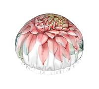 Flor rosa verde con hojas Gorros de ducha para mujer Gorro de baño de ducha impermeable reutilizable Gorro de baño de ducha de doble bLayers Gorro de baño de ducha elástico con forro de Peva suave y