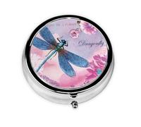 Flor rosa y libélula azul. Este pequeño pastillero redondo es un organizador portátil de medicamentos de viaje con tres compartimentos para almacenar medicamentos diarios.