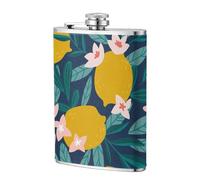 Flor tropical de limón floral,Frasco de acero inoxidable 304 de 8 oz con funda de cuero sintético, frasco de bolsillo para licor plano para exteriores
