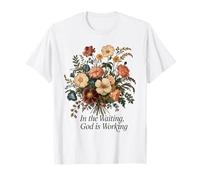 Flor vintage de Floral Faith «=En la espera, Dios está trabajando» Camiseta