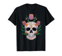 Floral Azúcar Cráneo Flor Tulipán Rosa Halloween Cottagecore Camiseta gráfica económica, Hombre, Negro, XL