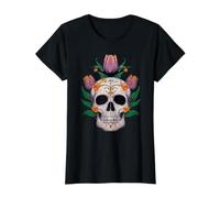 Floral Azúcar Cráneo Flor Tulipán Rosa Halloween Cottagecore Camiseta gráfica económica, Mujer, Negro, L