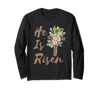 Floral Cross Vintage Camiseta Pascua versículo de la Biblia Mateo 28:6 Manga Larga