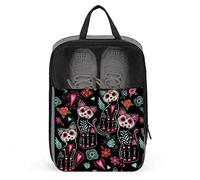 Floral Day of The Dead Cat Kitten Sugar Skull Shoe Bag with Zipper & Handle, Waterproof Breathable Portable