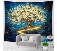 Floral Dreams - Tapiz de árbol blanco, colgante de pared azul encantado para dormitorio, sala de estar, decoración de dormitorio, tapices estéticos mágicos, arte de pared del hogar, 50 x 60 pulgadas