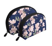 Floral Flor De Cerezo Sakura Azul Marino, Bolsa de Maquillaje de Concha, Monedero pequeño para Mujer, Bolsa de artículos de tocador, Bolsa de cosméticos, 2 Piezas