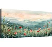 Floral Landscape Canvas Wall Art Poppies in Mountain Valley Art Prints for Living Room Bedroom Office Home Decor(65x130cm/Inner frame)