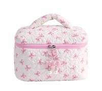 Floral Makeup Bag, Bow Quilted Pouch, Cosmetic Holder Case, Reusable Makeup Storage Organizer, Large Capacity for Toiletries and Cosmetics, Aesthetic Cute, 8.86x5.91x5.91 Inches