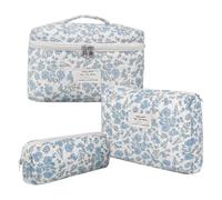 Floral Makeup Bag Set Women, 3-Piece Quilted Cosmetic Travel Bags, Cute Blue Floral Print, Pouch for Brushes, Champú, Facial Cleanser, Cotton Quilting, multicolor, Se référer au descriptif, Consulte