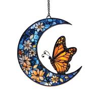 Floral Moon Sun Catcher - Monarch Butterfly Acrylicm, Window Hanging Decoration, Artistic Light Reflection Ornament | For Home Garden Indoor Outdoor Space Styling Use, Sun Catcher Decor, Butterfly Win