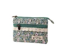 Floral Multi-Layer Cotton Card Wallet - Women's Zipper Closure Compact Purse, Verde, Talla única