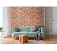 Floral Papel Pintado Con Mixtas Hojas Ligero Estructurado, Mate - Rojo, Naranja