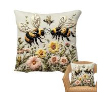 Floral Pillow Covers - Short Plush 17.7 Inches, Bee Embroidery Cushion Sleeve | Decorative Throw Pillowcase, 2D Flower Print Sofa Cover for Bedroom Home Decor Dorm Apartment Living Room Nursery