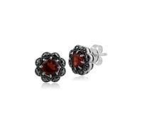 Floral Redondo Granate Y Marcasita Racimo Pendientes de Presión En 925 Plata Ley