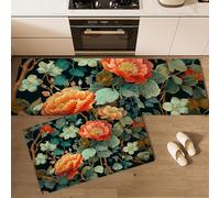 Floral Retro Alfombrilla Antifatiga de Cocina, Juego de 2 Tapetes Acolchados,Accesorios Decorativos para Cocina,Clemátide Peonía Tapete Interior de Confort - 40x60+40x120cm