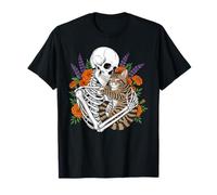 Floral Skeleton Hugging Cat Halloween Gothic Aesthetic Camiseta