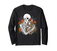 Floral Skeleton Hugging Cat Halloween Gothic Aesthetic Manga Larga