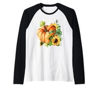 Floral Sunflower and Pumpkin Motif Cute Autumn Fall Graphic Camiseta Manga Raglan