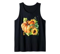 Floral Sunflower and Pumpkin Motif Cute Autumn Fall Graphic Camiseta sin Mangas